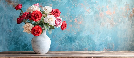 Poster - A beautiful bouquet of roses displayed in a vintage white vase on a wooden table against a rustic blue wall with ample copy space image