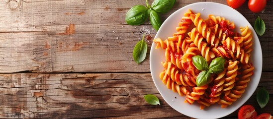 Aufkleber - Top view of a vegetarian Italian dish on the menu concept featuring rotini pasta in tomato sauce with a background suitable for text in a copy space image