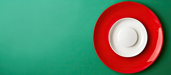 Poster - Ceramic white plate placed on a red plate on a green backdrop creating a food themed copy space image
