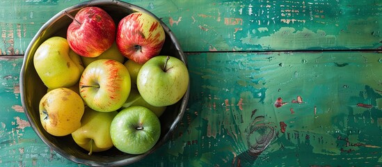 Poster - Top view of a metal bowl filled with green yellow and red apples placed in the left top corner on a green wooden background with copy space image