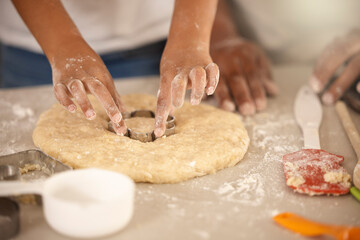 Sticker - Hands, child and cookie cutter in kitchen for baking, together and dessert for nutrition. Food, parent and flour for cooking and party or birthday with ingredients in home for recipe, sweets or snack