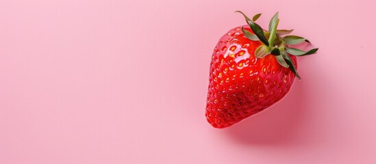 Poster - A strawberry rests on a pastel pink surface in a flat lay composition offering a top down view with ample copy space in the image
