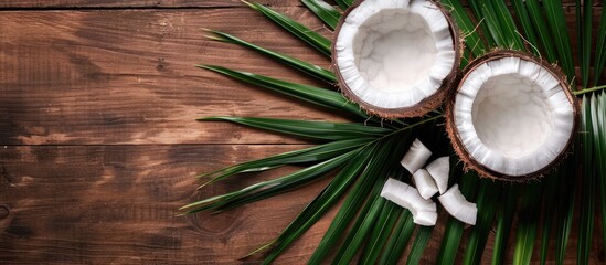 Poster - Coconut meat and a coconut leaf are displayed together on a wooden table with copy space image