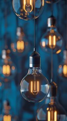 Wall Mural - Vintage light bulb is glowing, illuminating a dark room with other light bulbs hanging in the background, creating a warm and inviting atmosphere