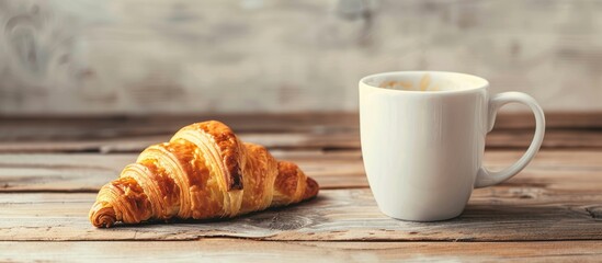 Aufkleber - A coffee mug and croissant beautifully displayed on a wooden surface with copy space image
