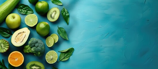 Poster - Green fresh fruits and vegetables arranged in a composition on a blue backdrop with copy space image