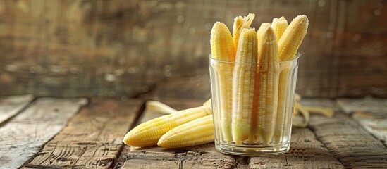 Poster - Fresh and delicious baby corn in a glass on a wooden table with ample copy space image