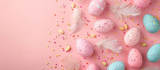 Aufkleber - A minimal Easter greeting card design featuring pastel pink background with colored eggs feathers and copy space image viewed from above in a flat lay style