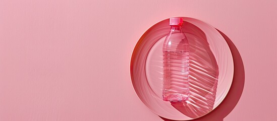 Poster - Unhealthy consumption concept illustrated with a plastic bottle placed on a plate against a pink background The image includes copy space Top view flat lay