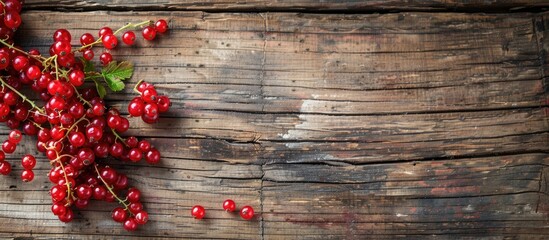 Poster - Ripe red currants displayed on a wooden surface with copy space image