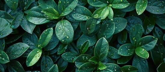 Poster - Top view of rain kissed green leaves creating a background with ample copy space for your use