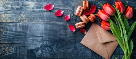 Wall Mural - Top view of vibrant tulips next to an envelope and macarons on a dark wooden surface with space for adding an image. copy space available