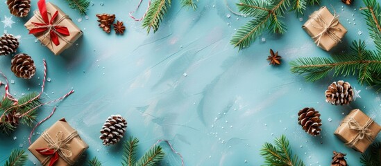 Poster - Top down view of a light blue table adorned with Christmas presents pine cones and fir branches creating a festive backdrop with unoccupied image space. copy space available