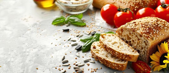 Poster - Whole grain bread complemented by sunflower seeds and fresh vegetables on a white rustic table creating an inviting and appetizing copy space image