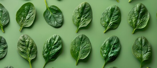 Poster - Flat lay image with a creative pop art design featuring spinach leaves arranged in tree shapes on a green background with copy space