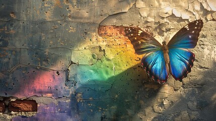 Canvas Print - Blue morpho butterfly is spreading its wings, casting a colorful shadow on a grunge wall. The image evokes concepts like beauty, transformation and hope