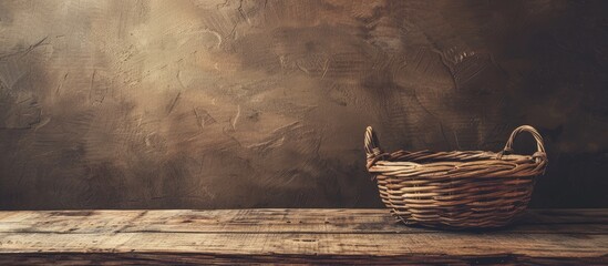 Poster - Wooden table with an empty basket suitable for a copy space image