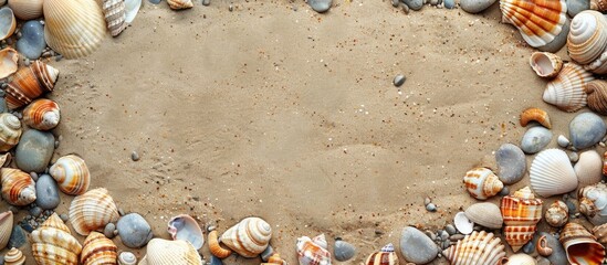 Poster - Sandy beach adorned with diverse seashells and stones offering copy space image