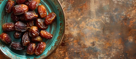 Poster - Rustic style dried dates arranged on a vintage green plate against a textured brown backdrop with ample copy space image
