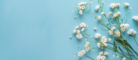 Poster - Flat lay of white flowers arrangement over a blue background in a copy space image