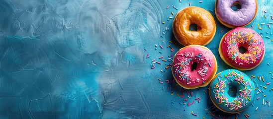 Poster - Colorful glazed doughnuts on a blue concrete surface top view with ample copy space image