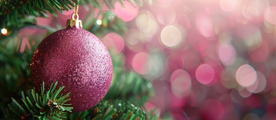 Wall Mural - A front view of a big shiny pink Christmas ball hanging on a tree with copy space image