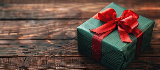 Poster - A green gift box with a red ribbon sits on a wooden table offering space for your own text alongside the image. copy space available
