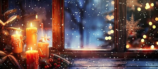 Fototapete - Night window background with Christmas candles create a cozy vibe in the copy space image