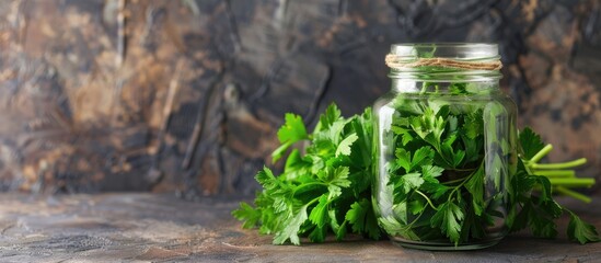 Poster - Jar with vibrant green parsley on a tabletop providing ample copy space for text