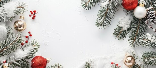 Fototapete - Top view copy space image of a snow covered white background adorned with Christmas tree decorations for a New Year Christmas sale