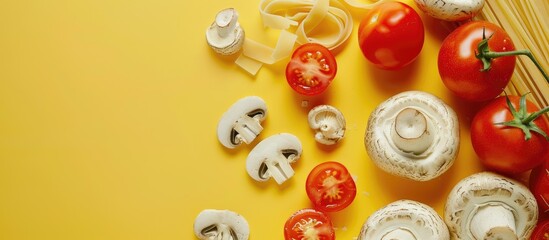 Aufkleber - Tomato white mushrooms and black cuttlefish homemade pasta on a yellow backdrop with room for text or images. copy space available