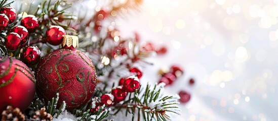 Poster - Festive Christmas ornaments on a branch with copy space image