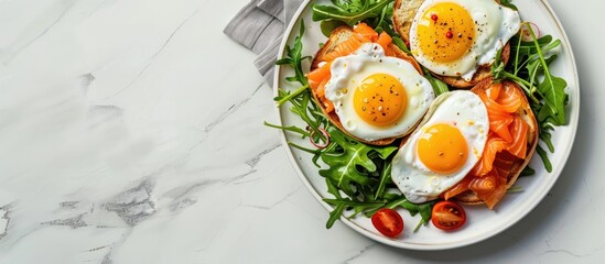 Poster - Top down view of a nutritious breakfast spread featuring fried eggs salmon sandwiches and a fresh salad on a plate with empty space for adding text or graphics. copy space available