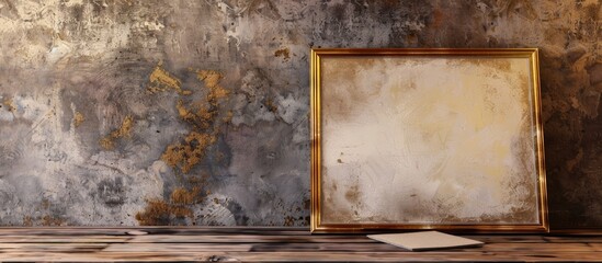 Aufkleber - Abstract textured beige and gold framed painting on a wooden wall with an empty card for copy space image Background is a neutral grunge horizontal design
