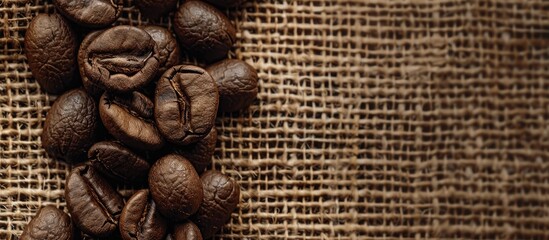Poster - Close up flat lay of coffee beans resting on a rustic jute sack with ample copy space in the image