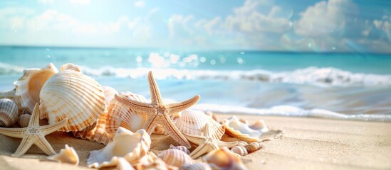 Poster - Tranquil beach scene with seashells starfish on sandy ocean backdrop ideal for summer sale with copy space image