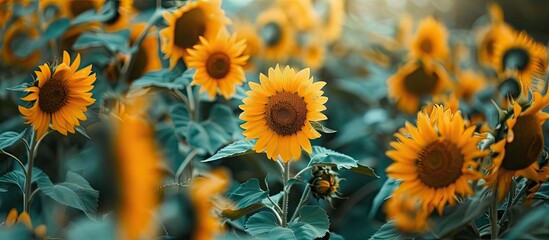 Aufkleber - Sunflowers displayed against a lush garden backdrop creating a serene copy space image