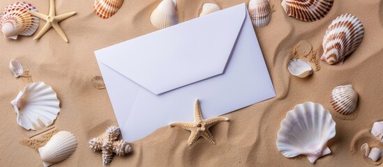 Poster - Seashells on sandy beach background with white envelope for text on copy space image
