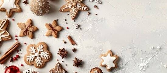 Poster - Christmas cookies and decorations displayed on a light grey table in a flat lay format with available copy space image