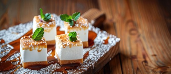 Poster - Copy space image of a vanilla marshmallow dessert with caramel placed on a wooden table with selective focus