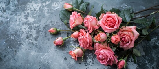 Sticker - Trendy pink rose bouquet on a gray backdrop with copy space image