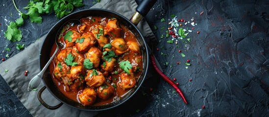 Poster - Top view of a delectable chicken curry in a frying pan with a spoon set on a grey table providing ample copy space image