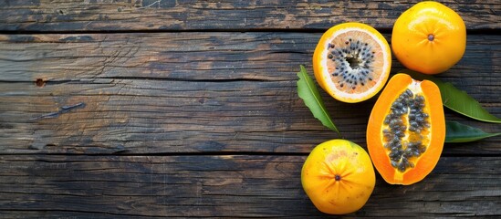 Poster - Fresh Granadilla and Tamarind fruits on a wooden background Top view with copy space image available