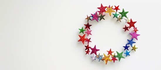 Poster - Festive holiday layout with a colorful circular wreath of stars on a white backdrop perfect for a greeting card with copy space image