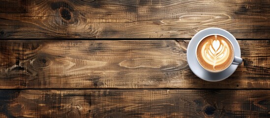 Poster - Wooden dinner table background with a hot cappuccino latte coffee cup offering clear copy space image
