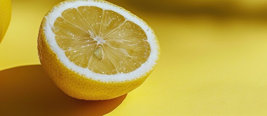 Poster - Close up of half a juicy lemon on a bright yellow backdrop with ample copy space image
