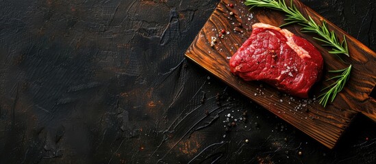 Poster - Raw beef steak on a wooden cutting board with copy space image is displayed