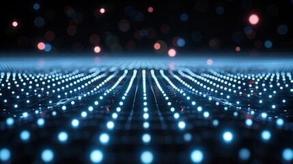 Abstract futuristic blue glowing dots on a dark background, creating a sense of depth and digital technology. Perfect for your tech project.