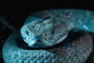 Poster - A close-up shot of a blue snake's head, with sharp details and texture