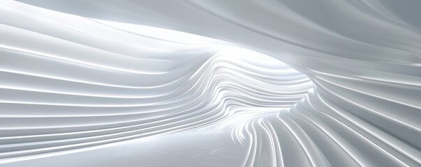 Smooth white curves flow towards a bright opening in a futuristic architectural design, creating a clean and modern space full of light and technology